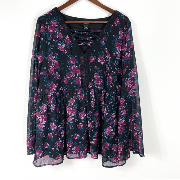 Torrid Floral Print Chiffon Lace Up Top - Picture 3 of 7